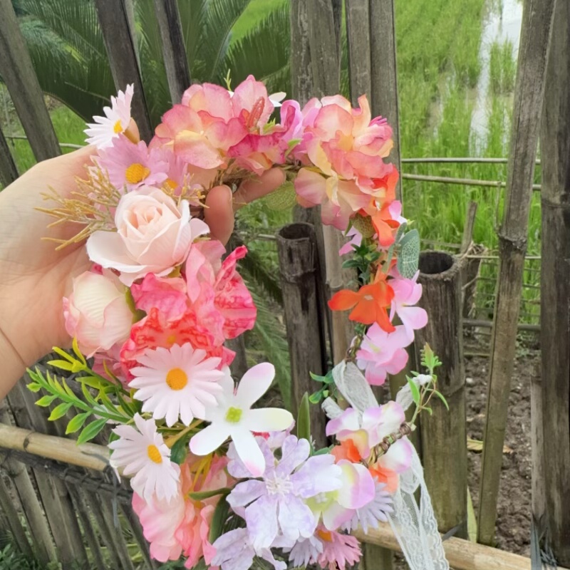 DIY新款ins森系花环头饰新娘结婚拍照写真摄影道具粉色加厚大花朵