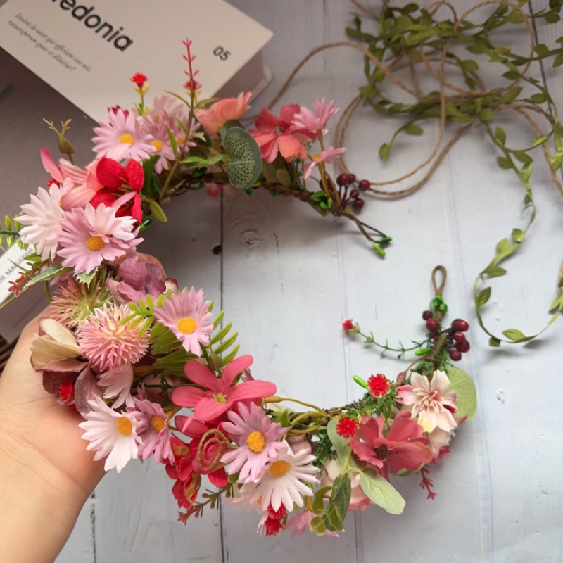 ins小清新森系高档仿真菊花粉红色头饰满天星婚纱拍照定制花环