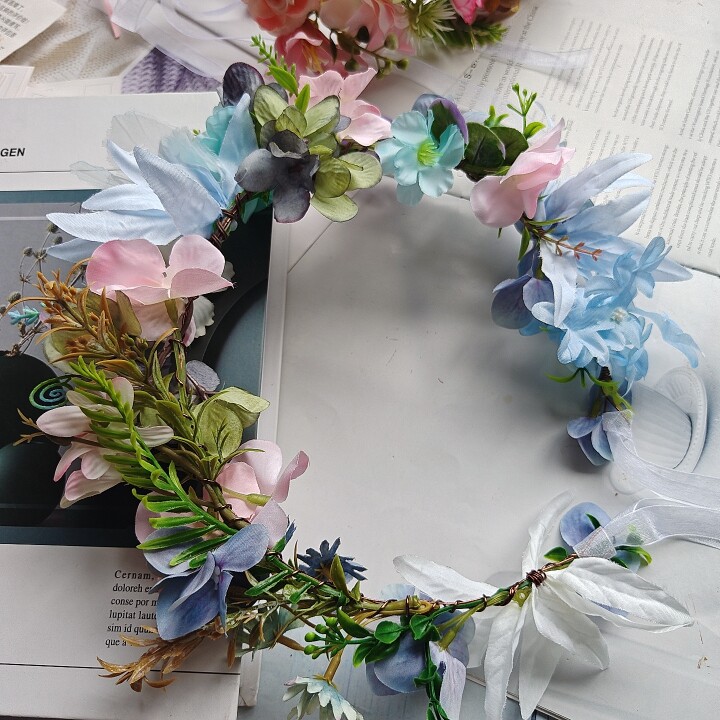 春季仙气森系花环成人花朵头箍婚礼头花氛围感发饰儿童粉蓝色头饰