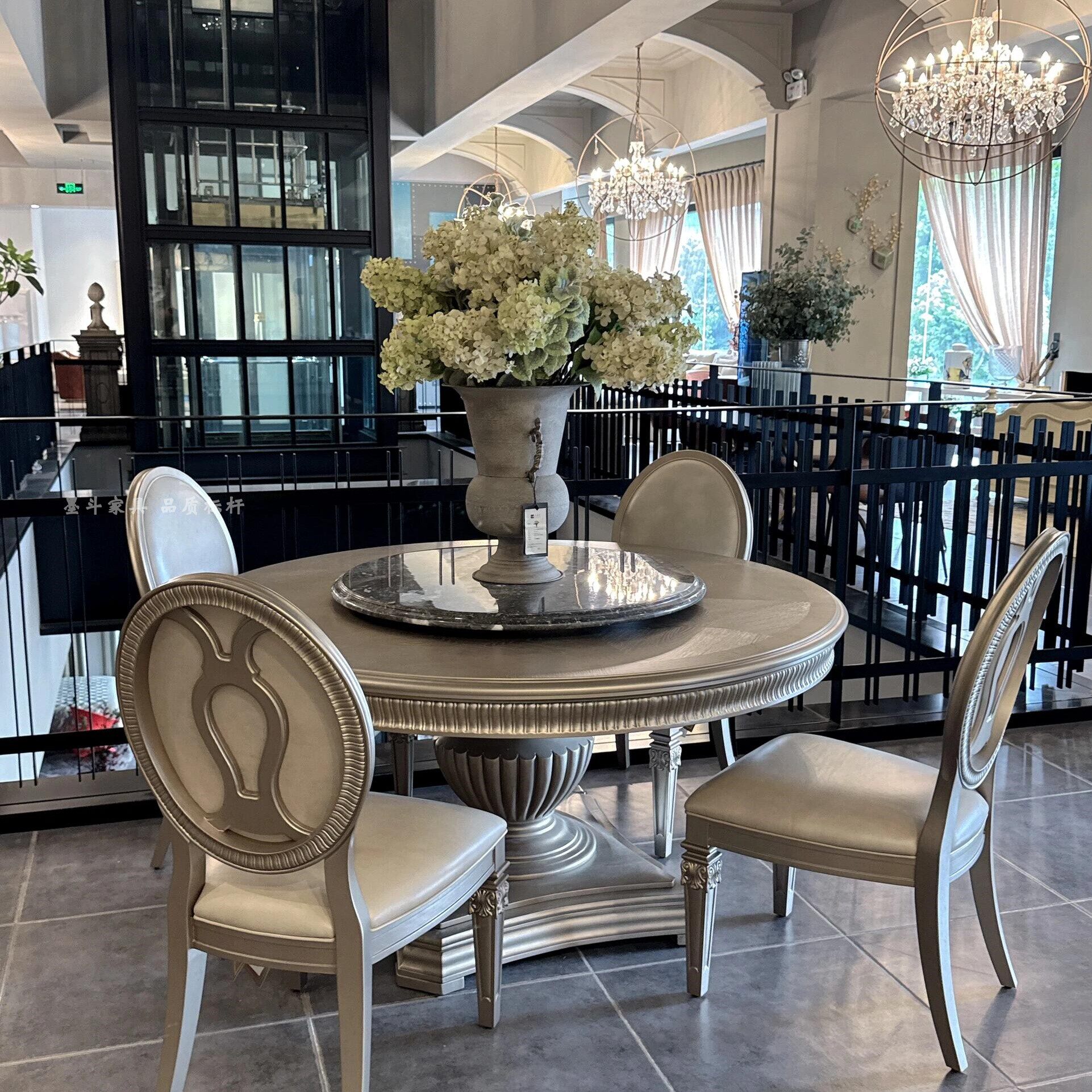 美克art家具筑源餐桌美式复古实木雕刻大理石转盘圆形餐桌椅定制