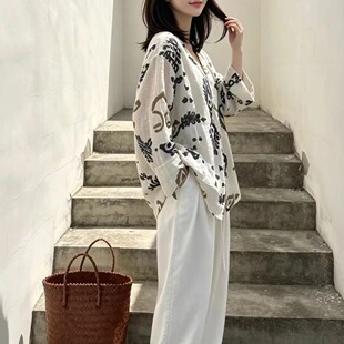 植物印染复古印花衬衫女夏慵懒风宽松防晒上衣