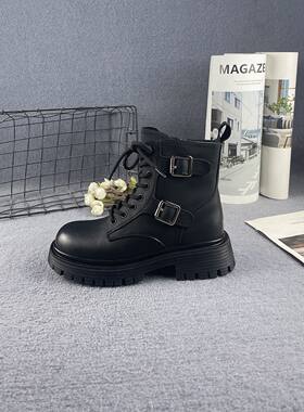 粗跟厚底加绒皮带扣时尚马丁靴女