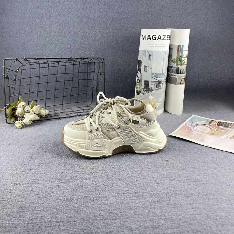 牛皮网面透气松糕底拼色老爹鞋女