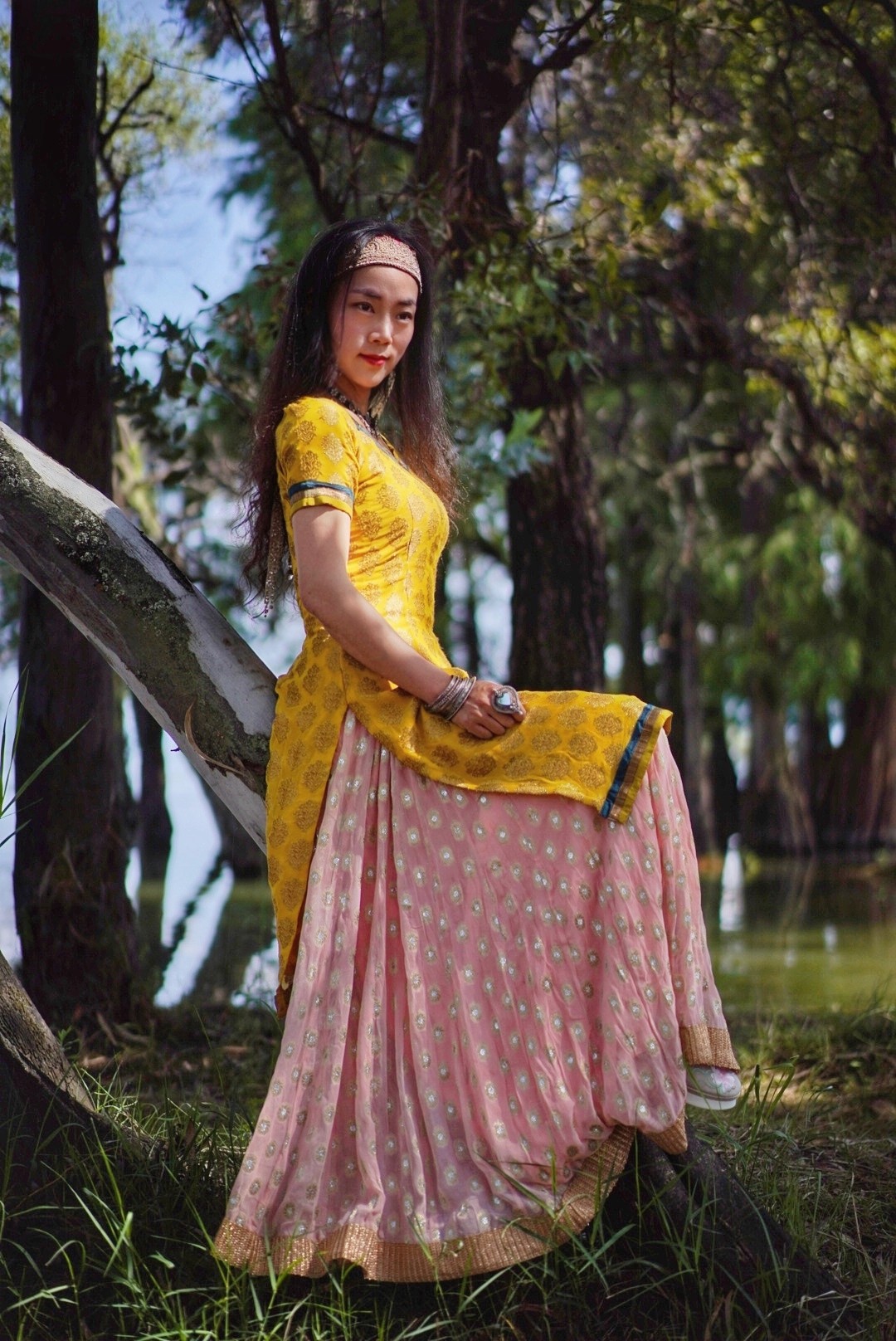印度贵牌W古着旅行拍照宝莱坞舞蹈服Vintage库塔黄上衣+大摆裙粉