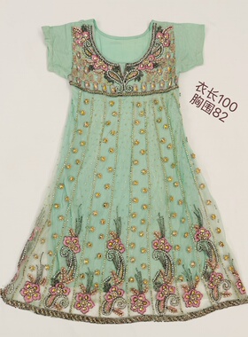 印度连衣裙钉珠刺绣水钻古着短裙尼泊尔vintage旅行女装浅绿色