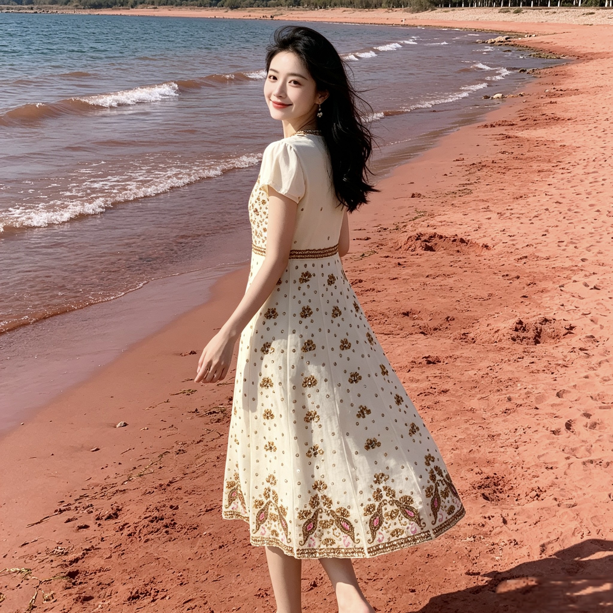 轻奢旅行女装印度旅游度假泰国民族风纯手工钉珠古着连衣裙白色？