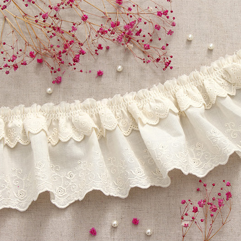 韩国进口玫瑰双层褶皱米色蕾丝边