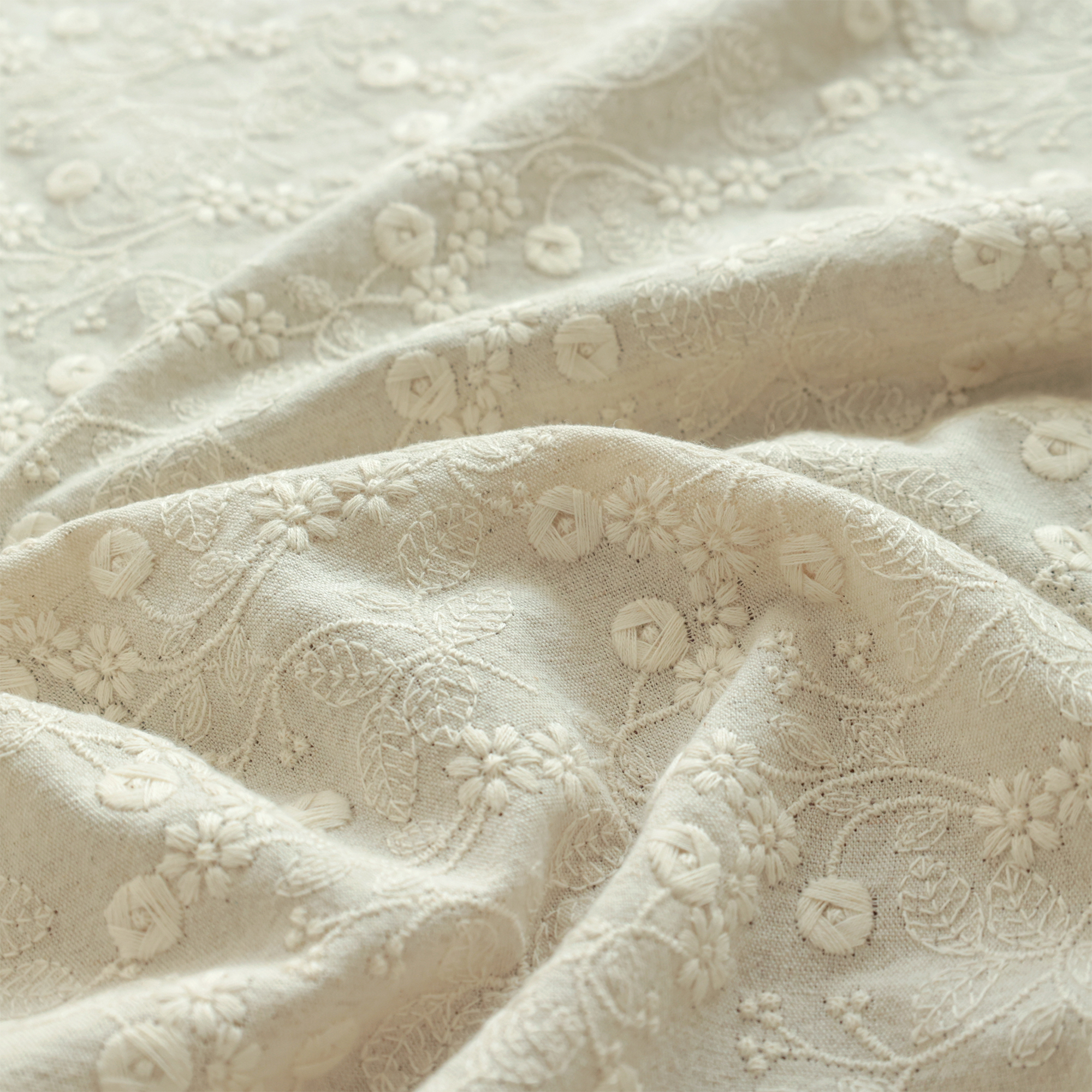 韩国JZ进口棉麻面料日系素影花绣