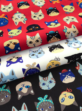 日本进口牛津棉布料seven纯棉细帆布DIY手工拼布服装面料炫彩猫头