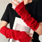 可爱露指写字毛线保暖袖 韩国长款 半指针织骑行手套女秋冬季 套护臂