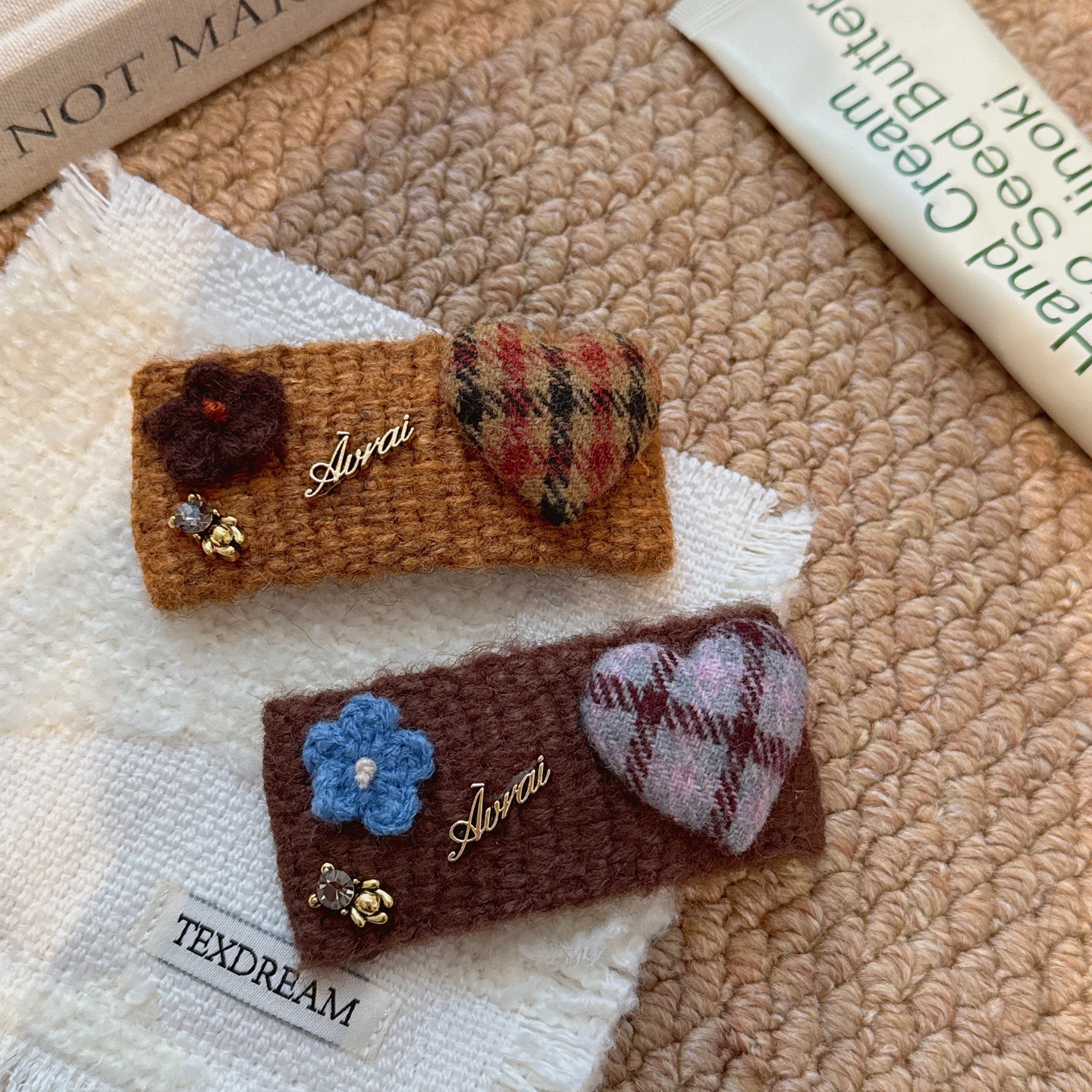 复古毛线格子爱心花朵bb夹撞色发夹小众ins设计感边夹刘海夹