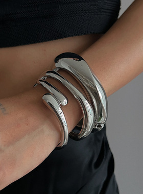 银色手镯朋克轻奢女士开口手环宽