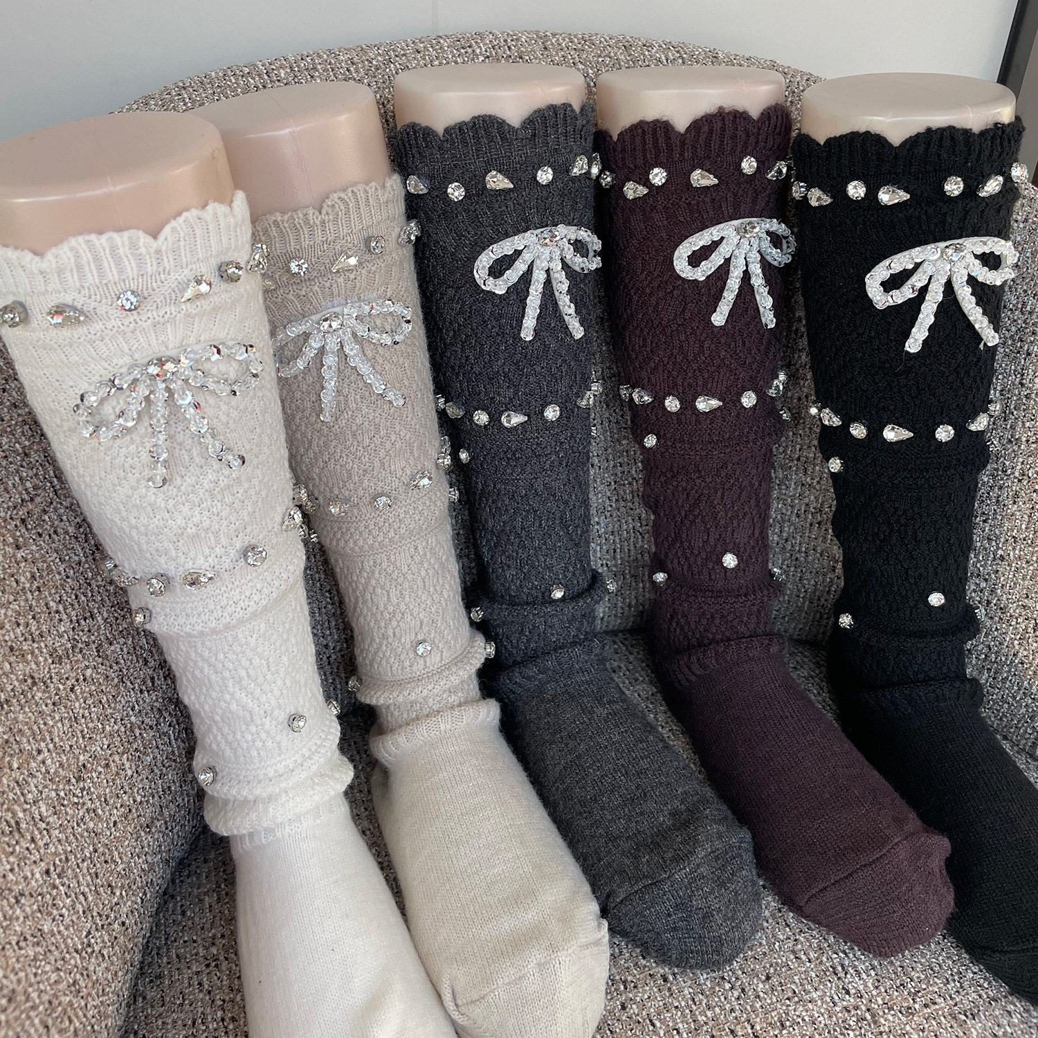 韩国甜美奶白针织复古木耳边镂空中筒袜水晶串珠蝴蝶结圈钻设计袜,女士内衣/男士内衣/家居服,长筒袜,淘宝优惠券,粉丝福利购,淘宝优惠卷