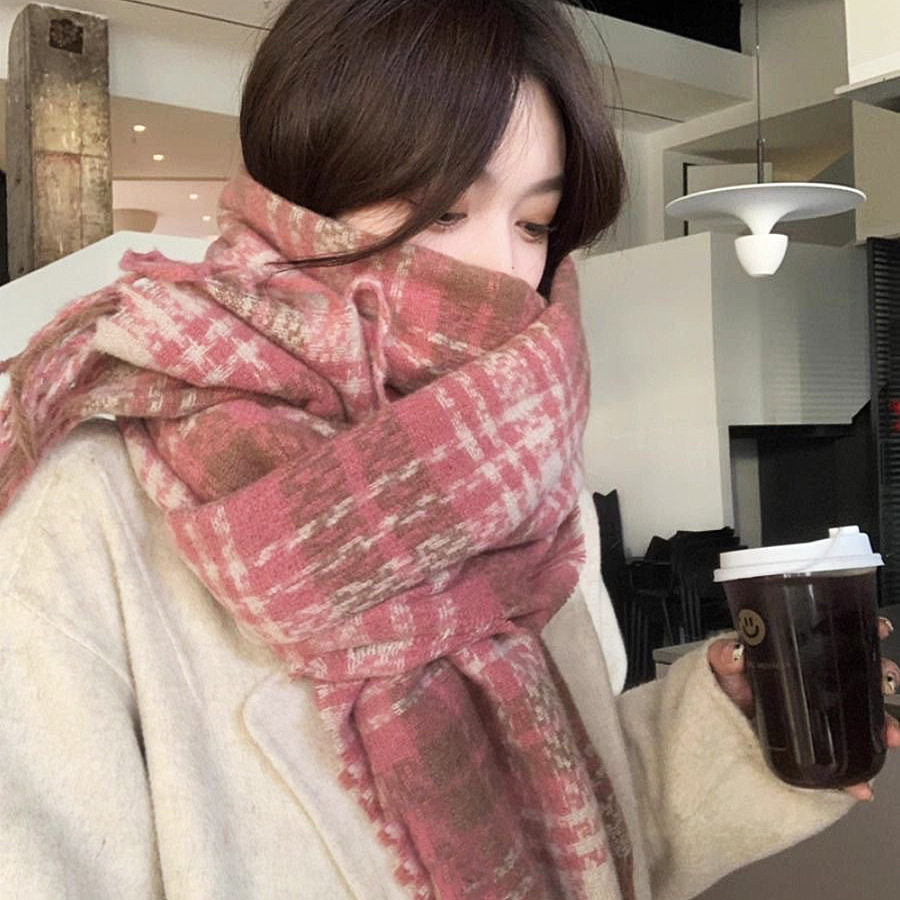 氛围感格子围巾女冬季2024新款韩系百搭学生jk可爱情侣加厚围脖秋