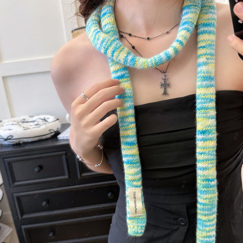 原创设计甜酷ins风~羊毛渐变喷毛纱秋冬新款百搭围巾细长腊肠围巾