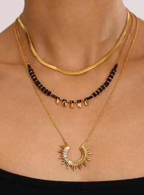 锆石太阳花水晶吊坠项链多层复古