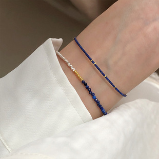 s925银天然青金石金银撞色碎银手链女极细叠戴小众百搭感配手饰品