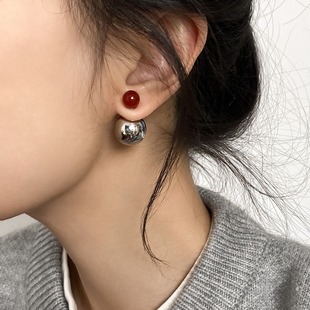 韩国首饰法式金属圆球耳环女小众设计轻奢耳饰前后两戴红珠子耳钉