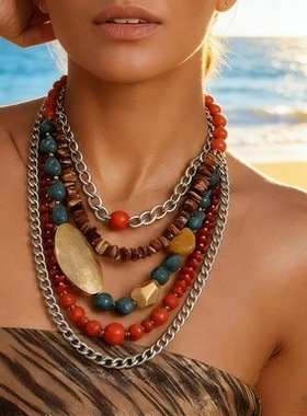 欧美跨境波西米亚风多层彩色串珠项链 多材质混搭 复古夸张个性锁