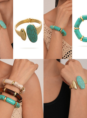 跨境椭圆镶钻树脂松石开口手镯复古夸张时尚手环欧美时尚气质手饰