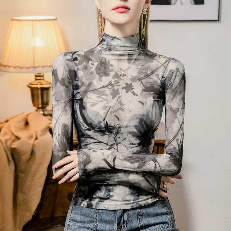 印花网纱高领打底衫女修身2024秋季新款内搭简约小衫时尚长袖上衣
