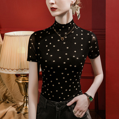 波点印花半高领上衣秋季装新款网纱打底衫女短袖T恤内搭洋气小衫