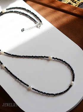 纯银淡水珍珠黑尖晶石项链原创