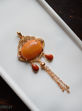 新中式国风纯银蜜蜡项链坠