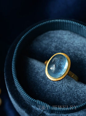 纯银银戒指可调节天然海蓝宝