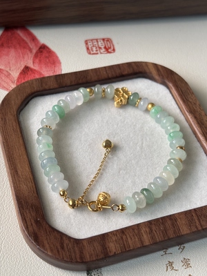 天然缅甸翡翠A货 冰种 算盘珠山手串阳绿飘花  手链 配件银镀金