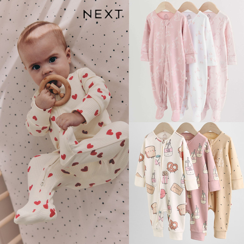 NEXT进口女宝宝双向斜拉链纯棉睡衣爬爬服新生婴儿A类包脚连体衣