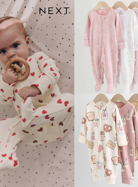 NEXT进口女宝宝双向斜拉链纯棉睡衣爬爬服新生婴儿A类包脚连体衣