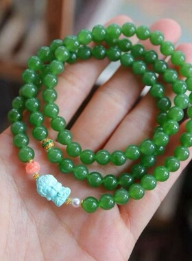 天然碧玉3圈手链 搭配天然原矿高瓷绿松石观音38055