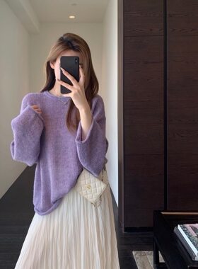 女士春季手工卷边雾面薰衣草紫马海毛毛衣38075