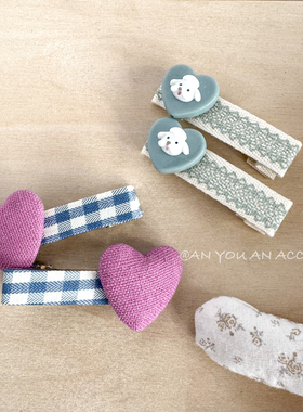 ins韩系小甜妹爱心鸭嘴夹清新格纹发夹百搭边夹手工原创女童发饰