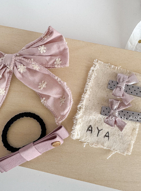 气质韩粉手工刺绣大蝴蝶结发夹韩系波点一字边夹ins百搭女孩发饰