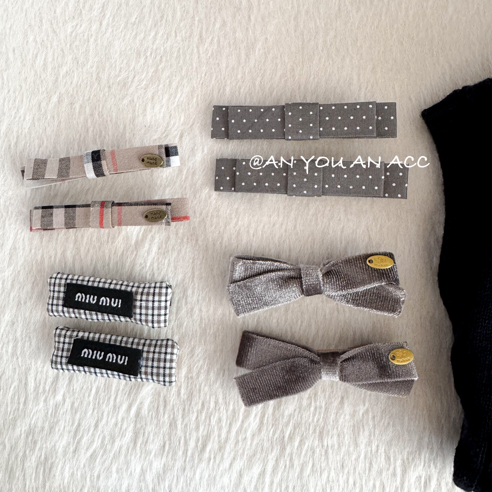 高级感奶茶色系千金风蝴蝶结手工发夹miu系格纹对夹刘海夹发饰