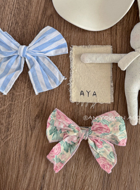 春夏温柔碎花条纹大蝴蝶结侧边夹棉麻手工定制女孩韩系度假发饰