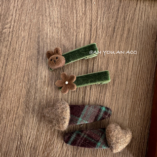 复古高级墨绿格纹配咖色系秋冬发夹女孩bb夹爱心小兔额前刘海夹