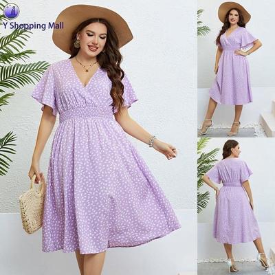 Plus Size Summer V-Neck Loose Fit Purple Dress for Women