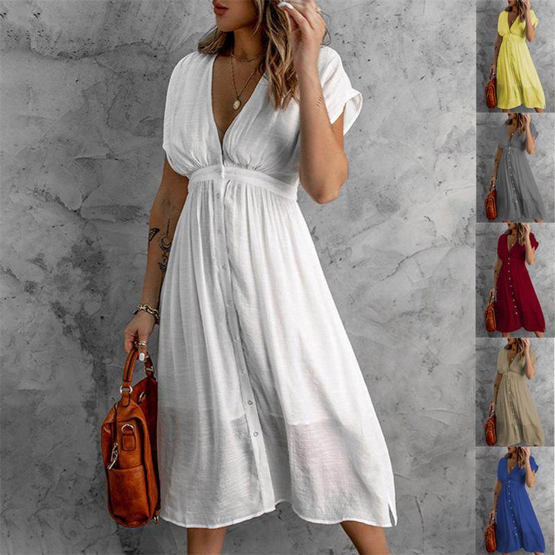 summer women gauzy dresses casual V neck ladies skirt收腰裙