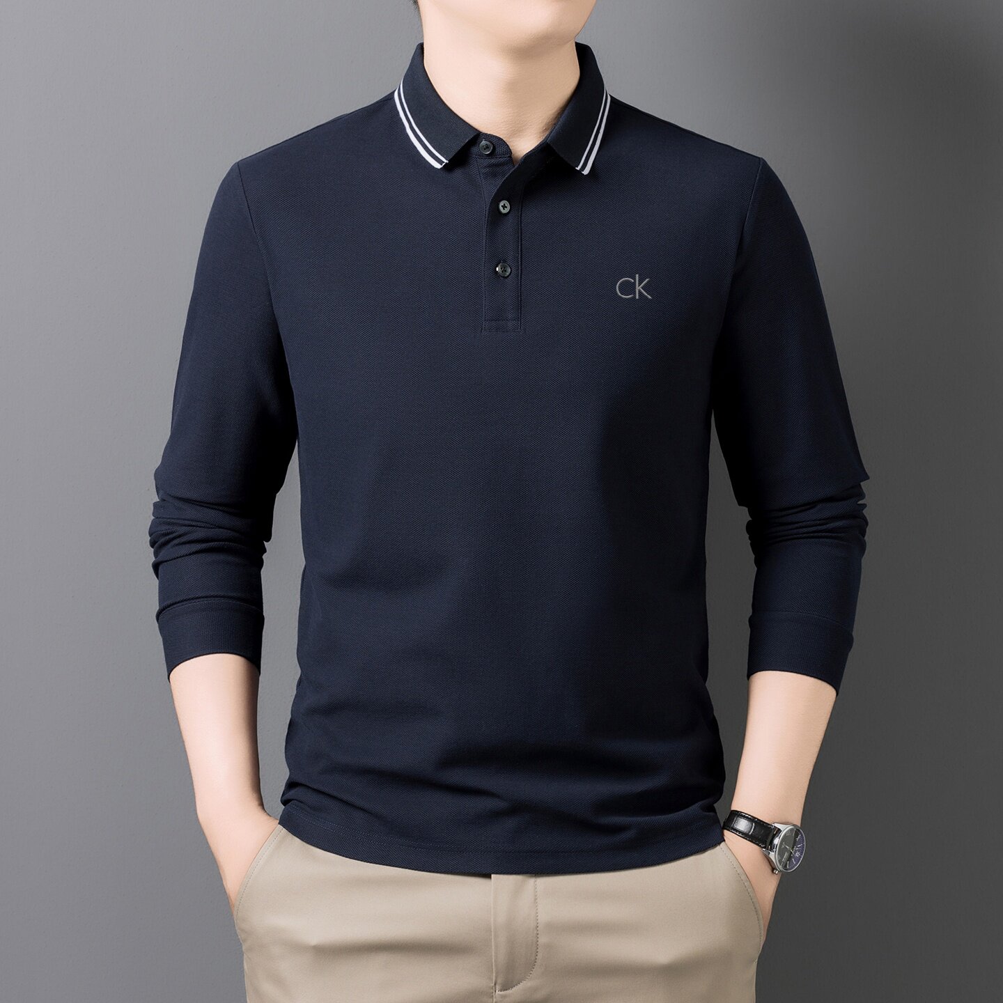 品牌正品CK男士秋冬打底衫长袖polo衫100%棉纯色翻领T恤百搭卫衣