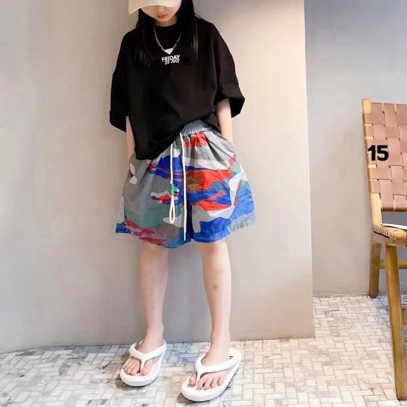 清货夏季新款童装 韩版中大男女童宽松迷彩五分沙滩裤中裤短裤