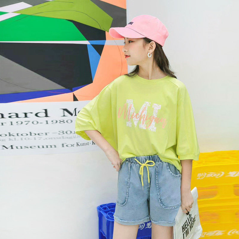旦旦家 夏新款童装 韩版中大女童宽松小蝙蝠袖短袖T恤衫
