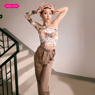 GRACEONE拉丁舞服上衣女成人新款摩登舞服教师裤子练功服网红套装