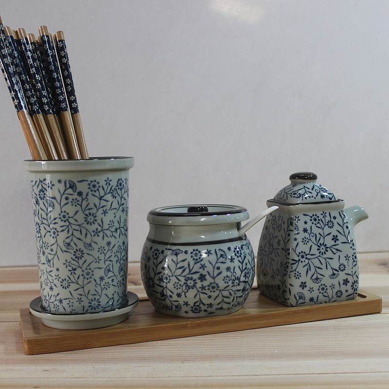 日式陶瓷泼辣油壶套装牙签筒