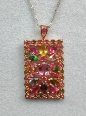 925纯银玫瑰金镶嵌彩色碧玺吊坠项链锁骨链轻奢小众设计感高级