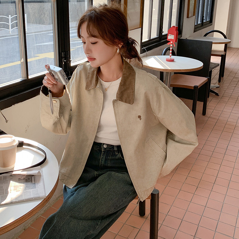 复古翻领格纹拼接夹克外套女2025春秋宽松休闲百搭撞色小个子上衣,女装短外套,2C237