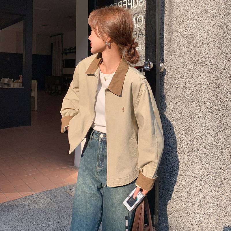 复古翻领格纹拼接夹克外套女2025春秋宽松休闲百搭撞色小个子上衣,女装短外套,2C237