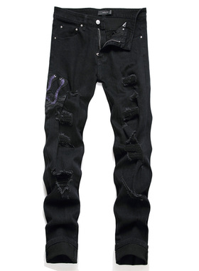 新款外贸风格时尚潮流黑色破洞刺绣眼镜蛇弹力小脚式牛仔裤3523